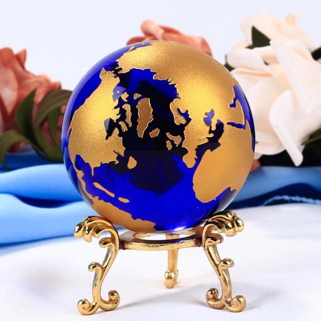 Blue & Gold Glass Desktop Globe With Stand [BRIGHTEN UP YOUR WORKSPACE].